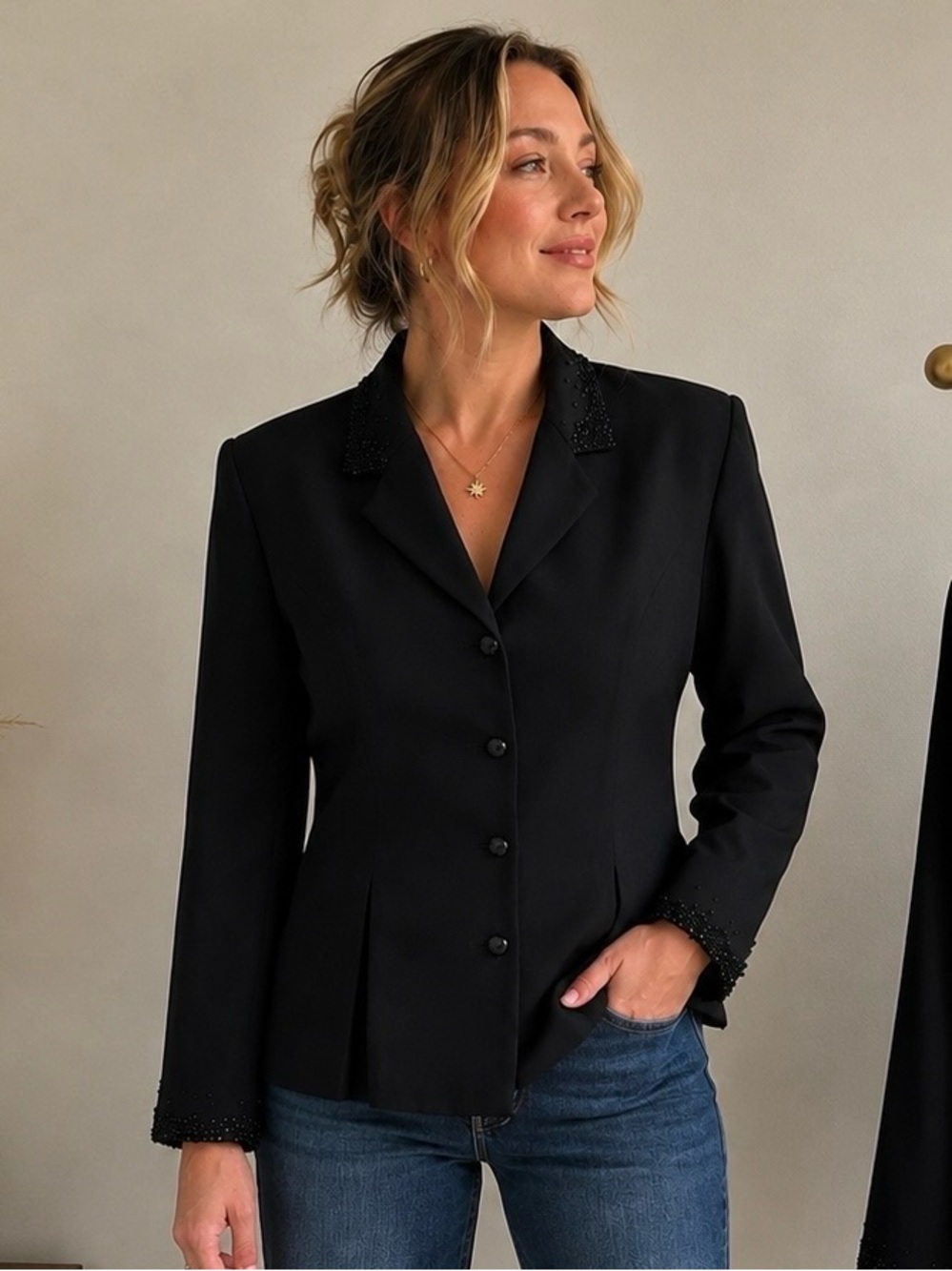 Vintage David Warren Beaded Black Blazer Size 16 Embellished